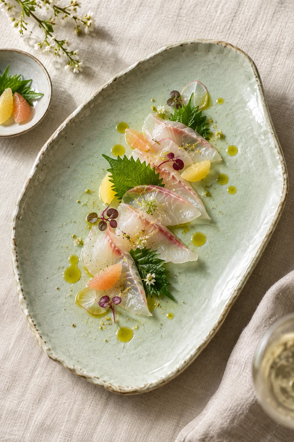 白身魚と柚子、紫蘇を添えたカルパッチョ