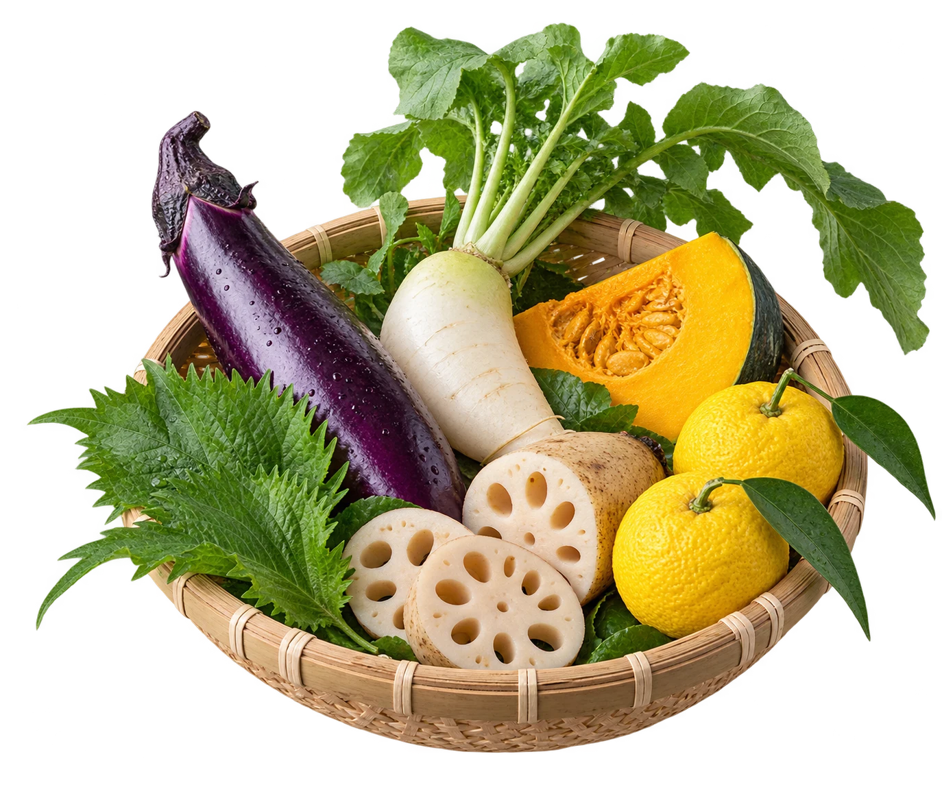 蓮根、柚子、茄子などの旬野菜