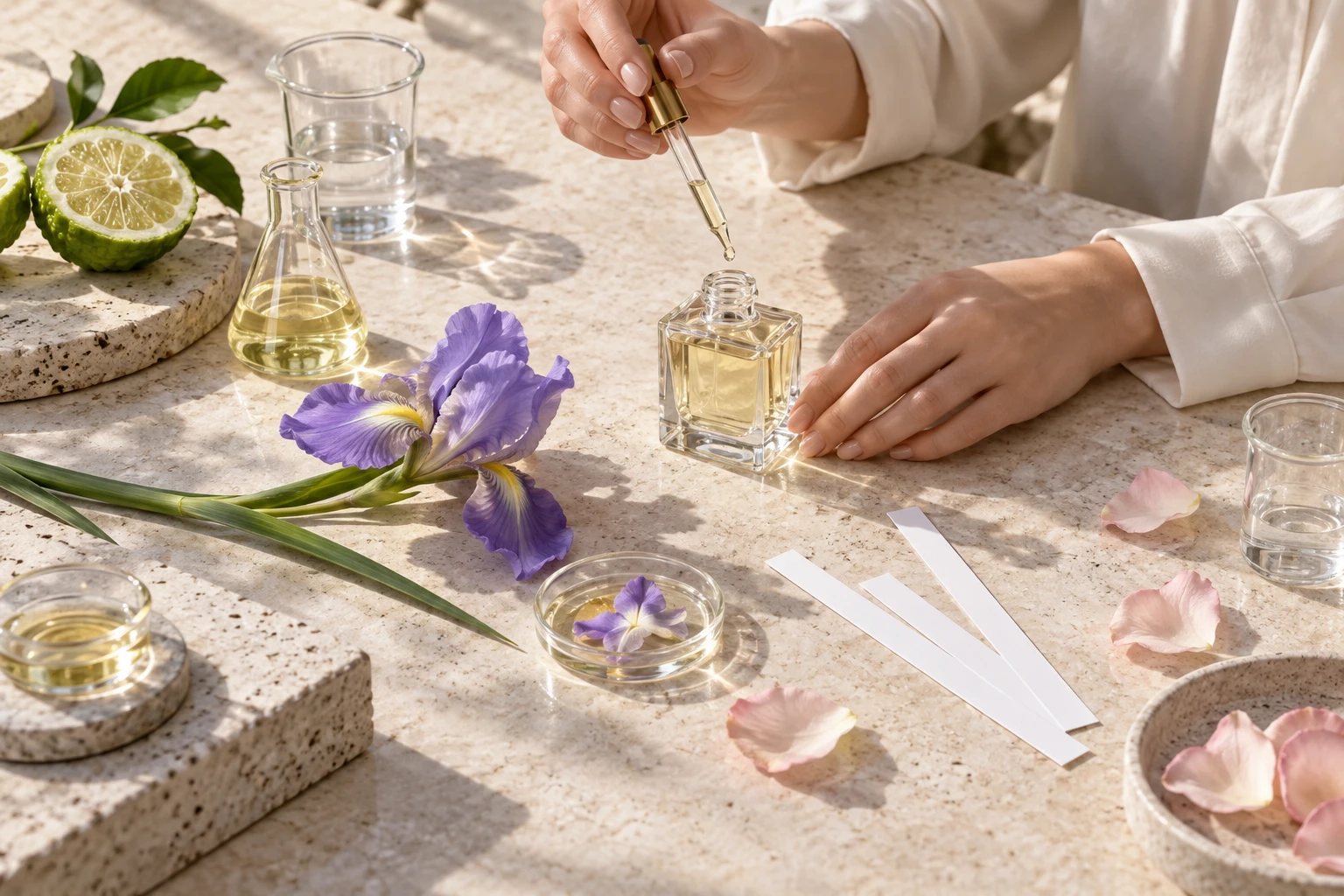 調香師使用滴管調製香氣，桌上有試香紙、花材與玻璃器皿