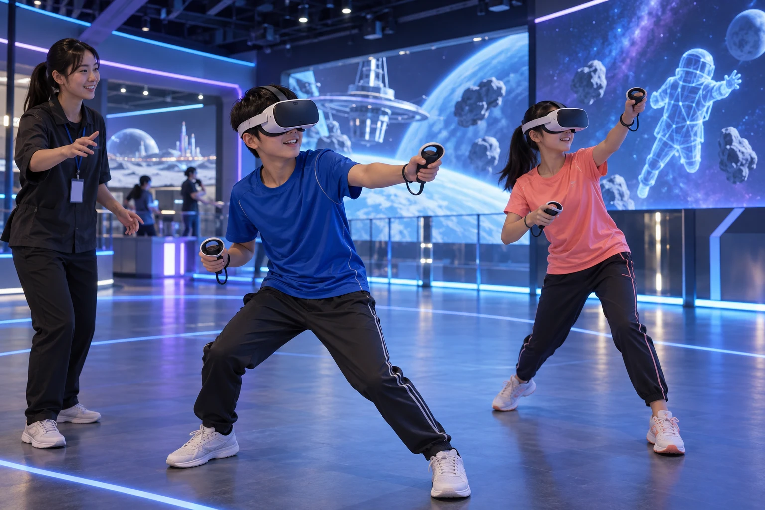 青少年在工作人員陪同下體驗 VR 任務