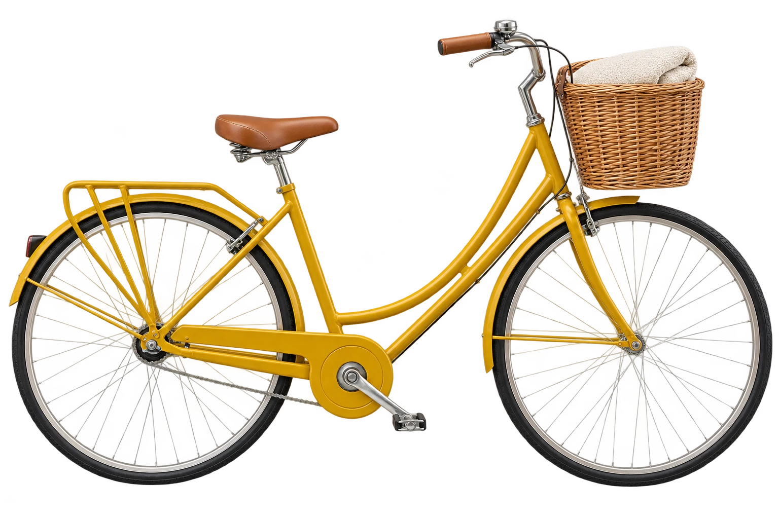 芒果黃色城市單車與藤編車籃